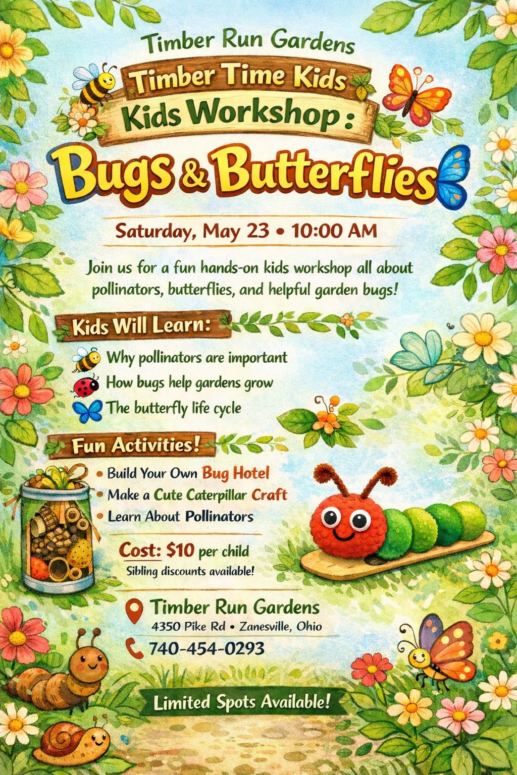 Colorful illustrated flyer for a children’s workshop called Bugs & Butterflies at Timber Run Gardens. Features playful bug and butterfly drawings, event details, activities, and contact info, with a friendly caterpillar at the bottom.