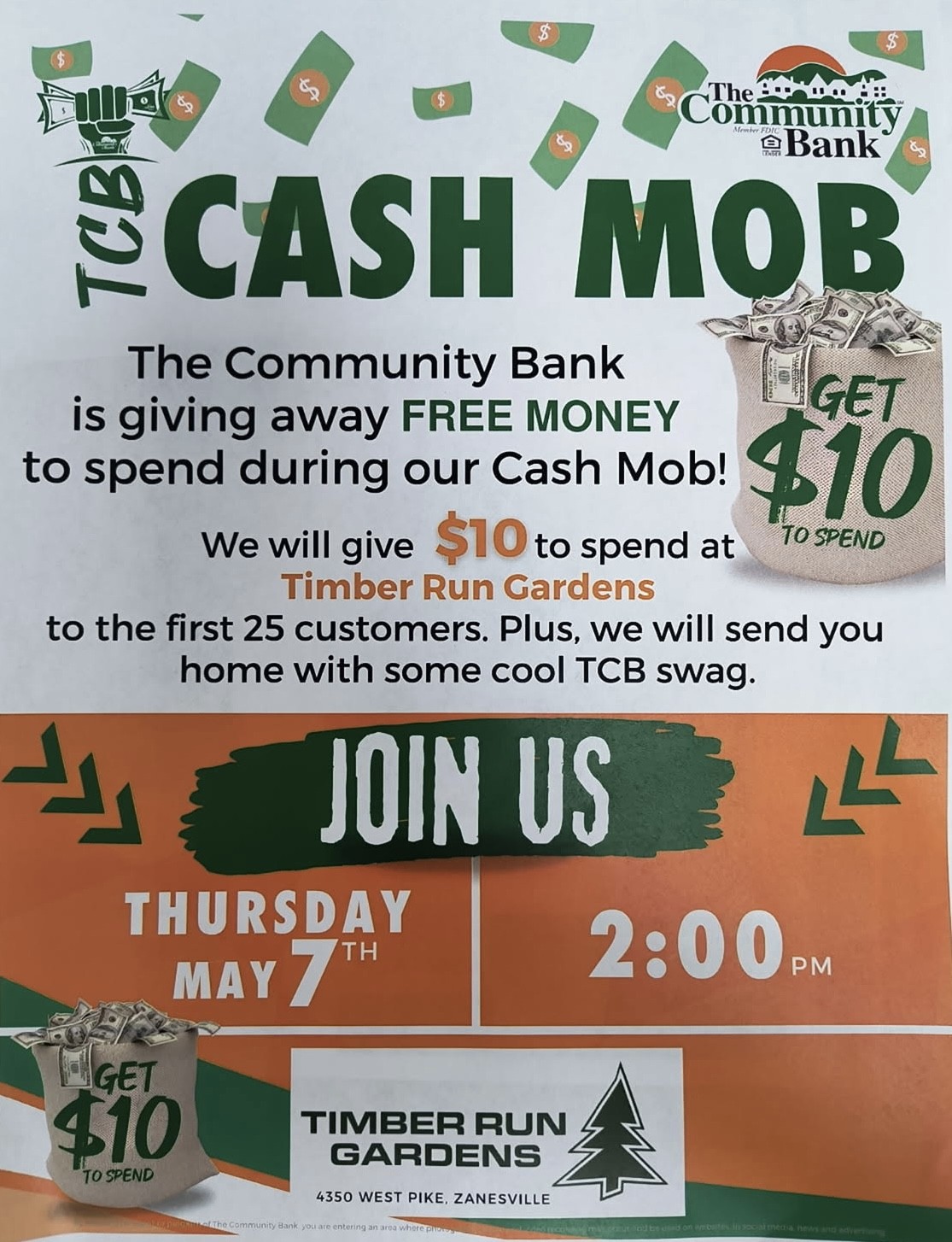 Flyer for The Community Bank’s Cash Mob event, offering $10 to spend at Timber Run Gardens to the first 25 customers on May 7th at 2:00 pm. Includes cash graphics and promo text.