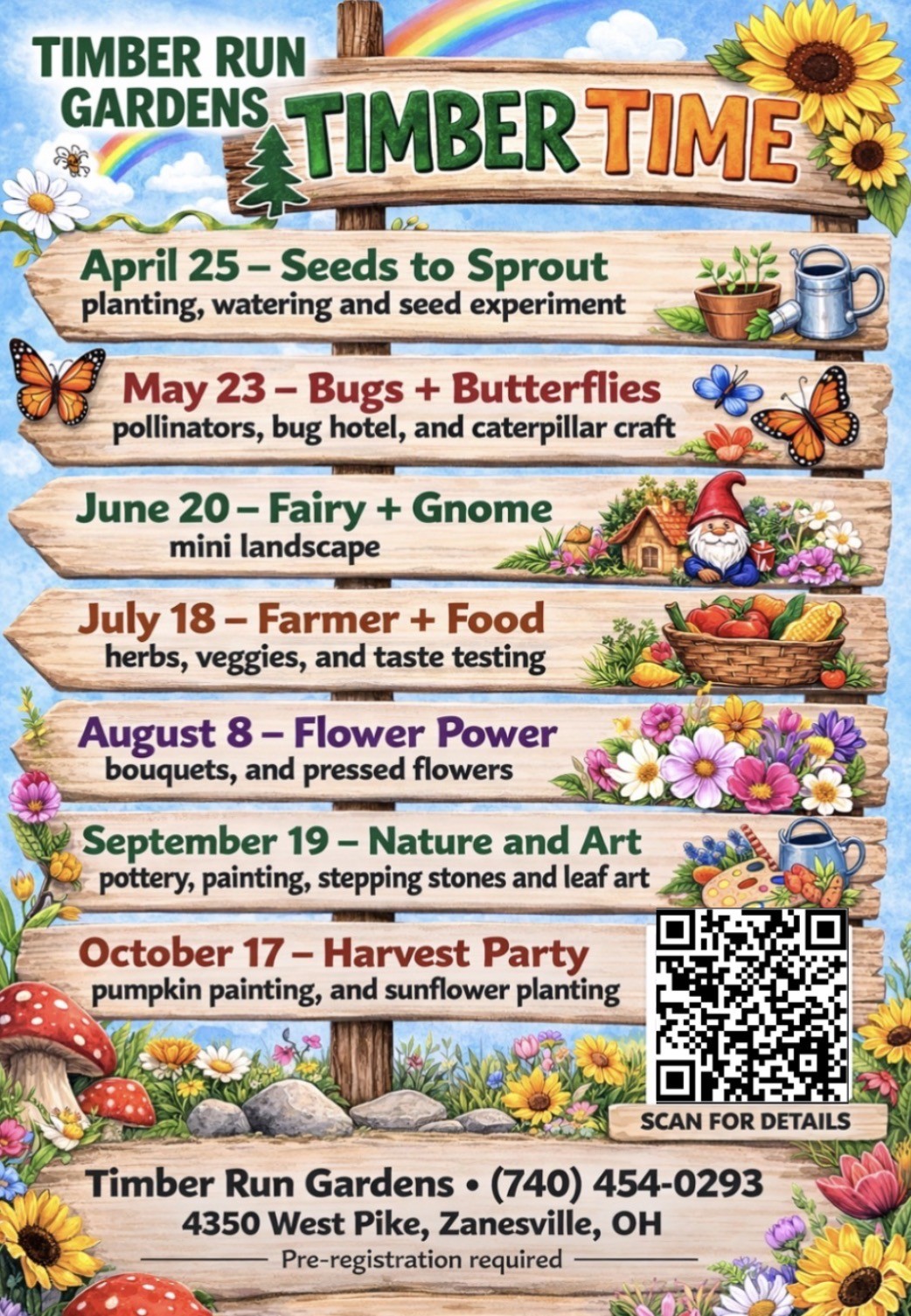 Colorful event flyer for Timber Run Gardens Timber Time, listing 2024 activities from April to October, including planting, butterflies, fairy gardens, food tasting, flower arranging, art, and a harvest party. Flowers and nature illustrations surround the text.