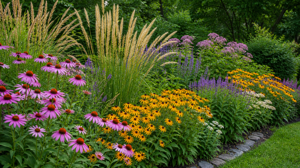 colorful Ohio native plants garden border featuring purple coneflower, black-eyed Susan, and ornamental grasses in full summer bloom