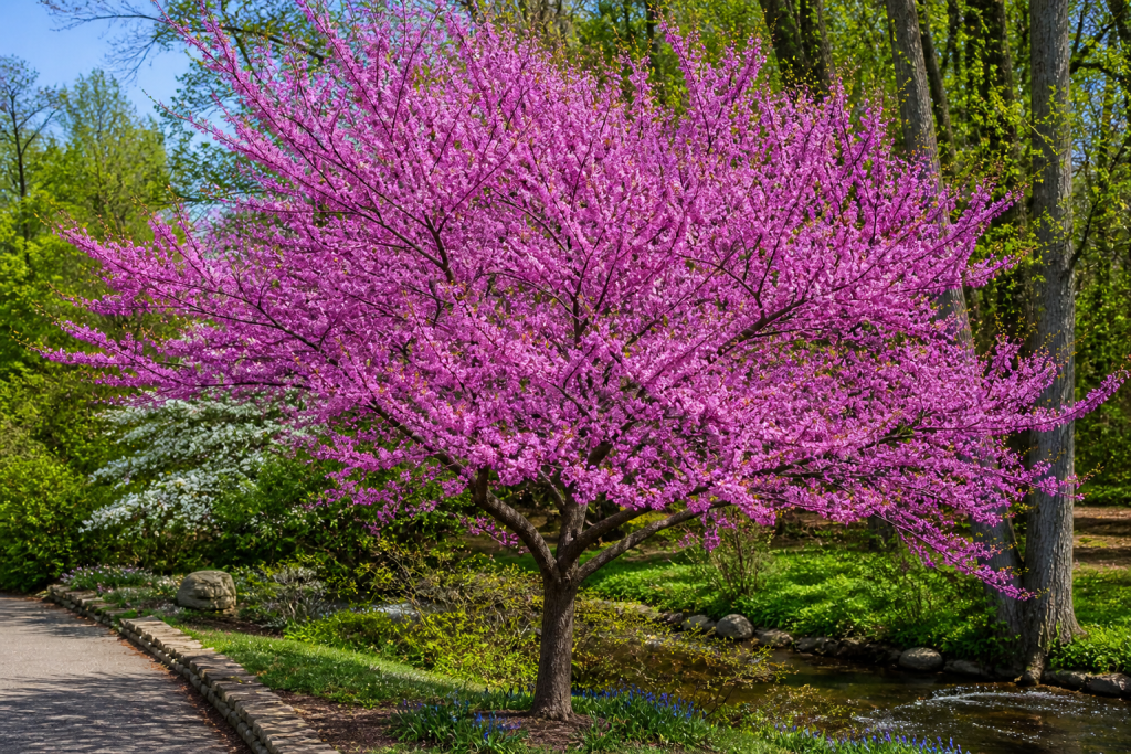 Eastern Redbud native tree in full spring bloom showing clusters of pink-magenta flowers, ideal for Ohio Zone 6a residential gardens