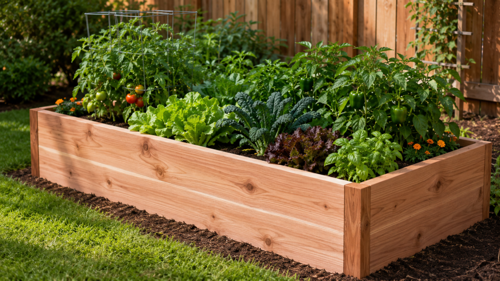 Cedar elevated garden bed installed in a Southeastern Ohio backyard with vegetables growing