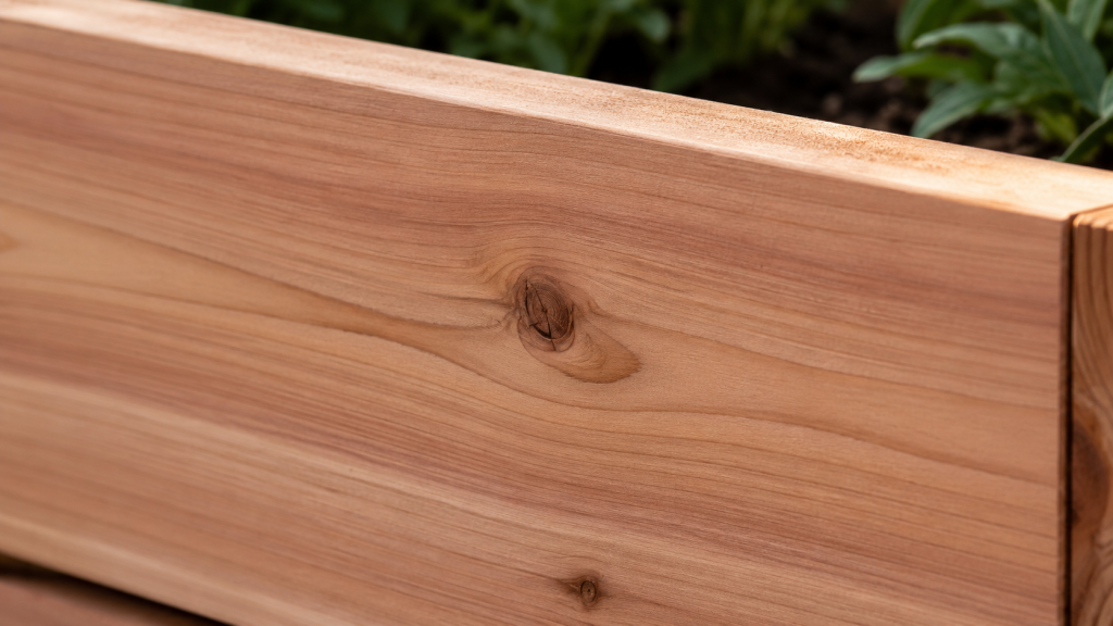 Close-up of natural cedar grain on an elevated garden bed frame showing tight wood texture