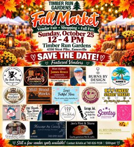 Flyer for the Timber Run Gardens Fall Market on Sunday, October 25, from 12-4 PM in Zanesville, featuring a list of vendor logos, contact information for booking, and seasonal decorations.