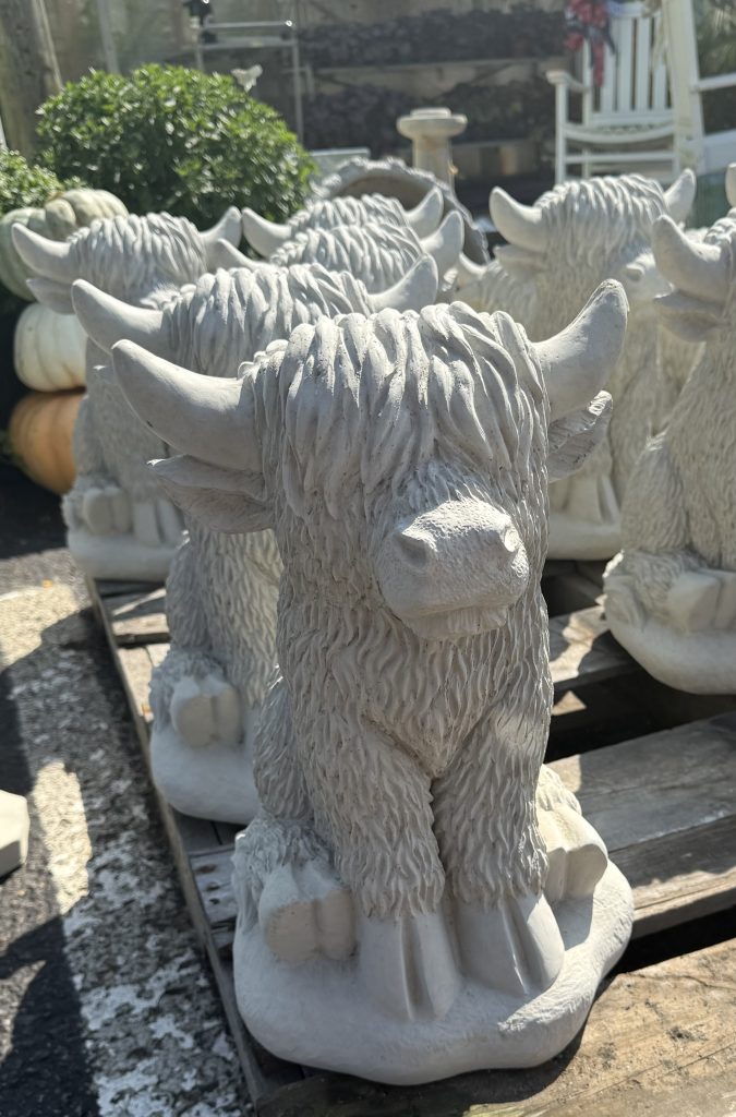 Group of stone highland cow statues sitting on a wooden pallet at a plant nursery.